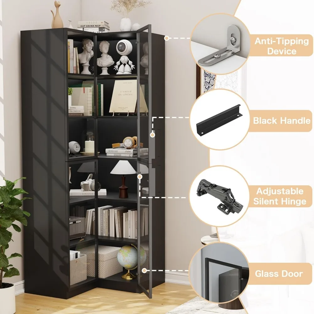 خزانة كتب زاوية كبيرة على شكل حرف L مع أبواب زجاجية، وخزانة عرض وإضاءة طويلة، وحل تخزين من 6 طبقات