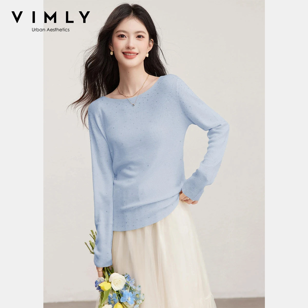 

VIMLY Women's Knit Sweater 2026 Spring New Crew Neck Hot Diamond Sequins Pullover Casual Basic Long Sleeve Top for Ladies 30672
