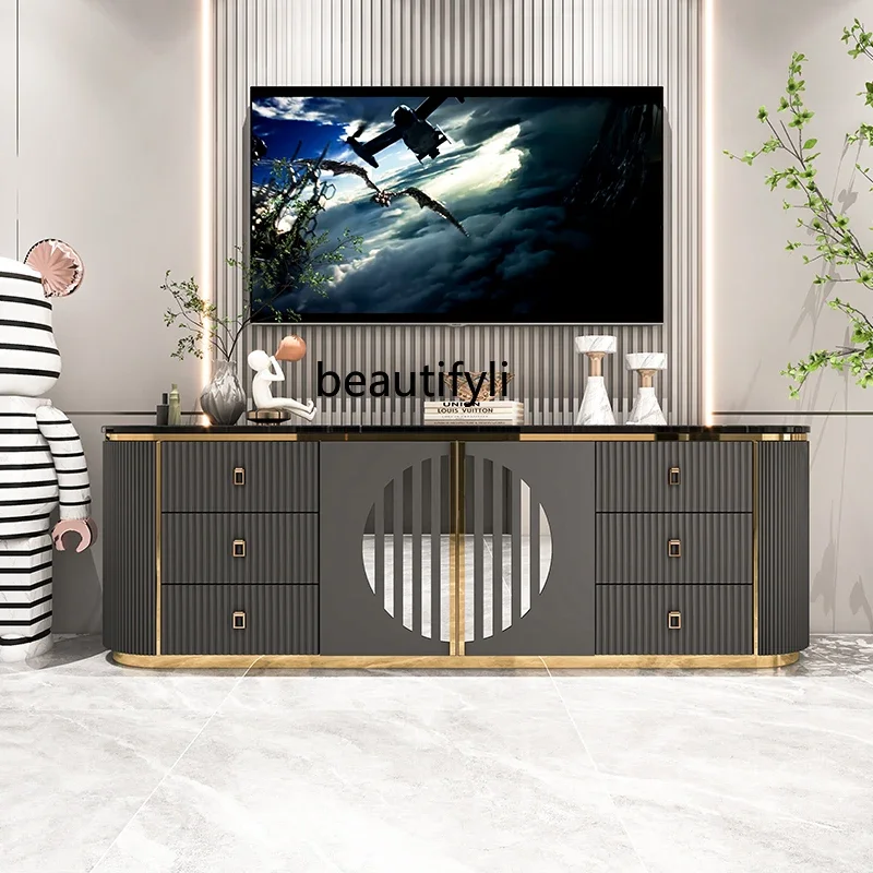 Light luxury TV cabinet Simple modern living room Slate TV cabinet Background wall Small apartment High bedroom floor cabinet