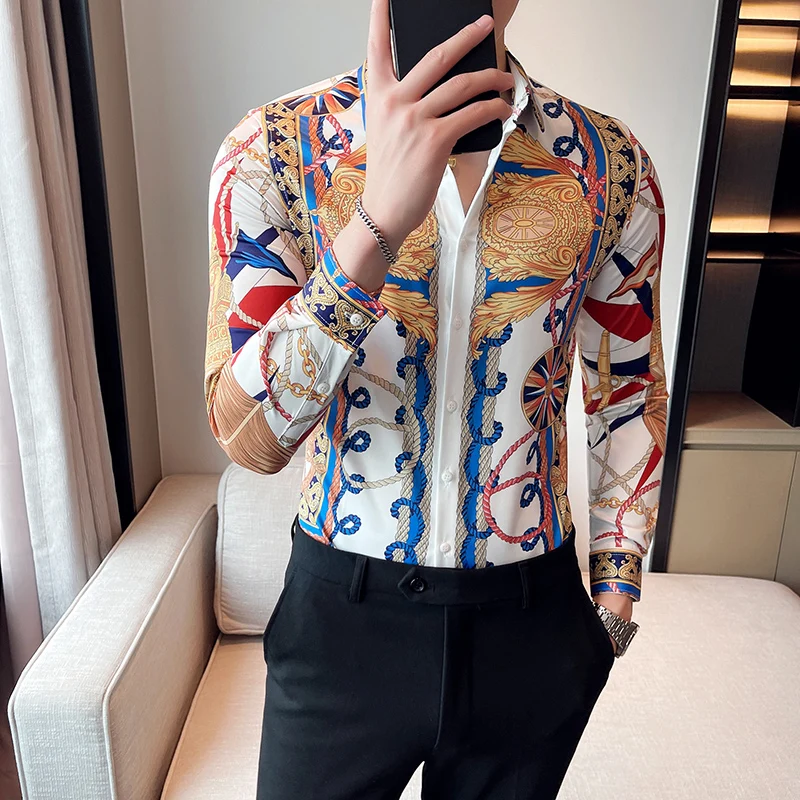 2022 New High Quality Men Hawaiian Style Casual Multi-color Print Travel Shopping Retro Ethnic Style Long Sleeve Slim Shirt