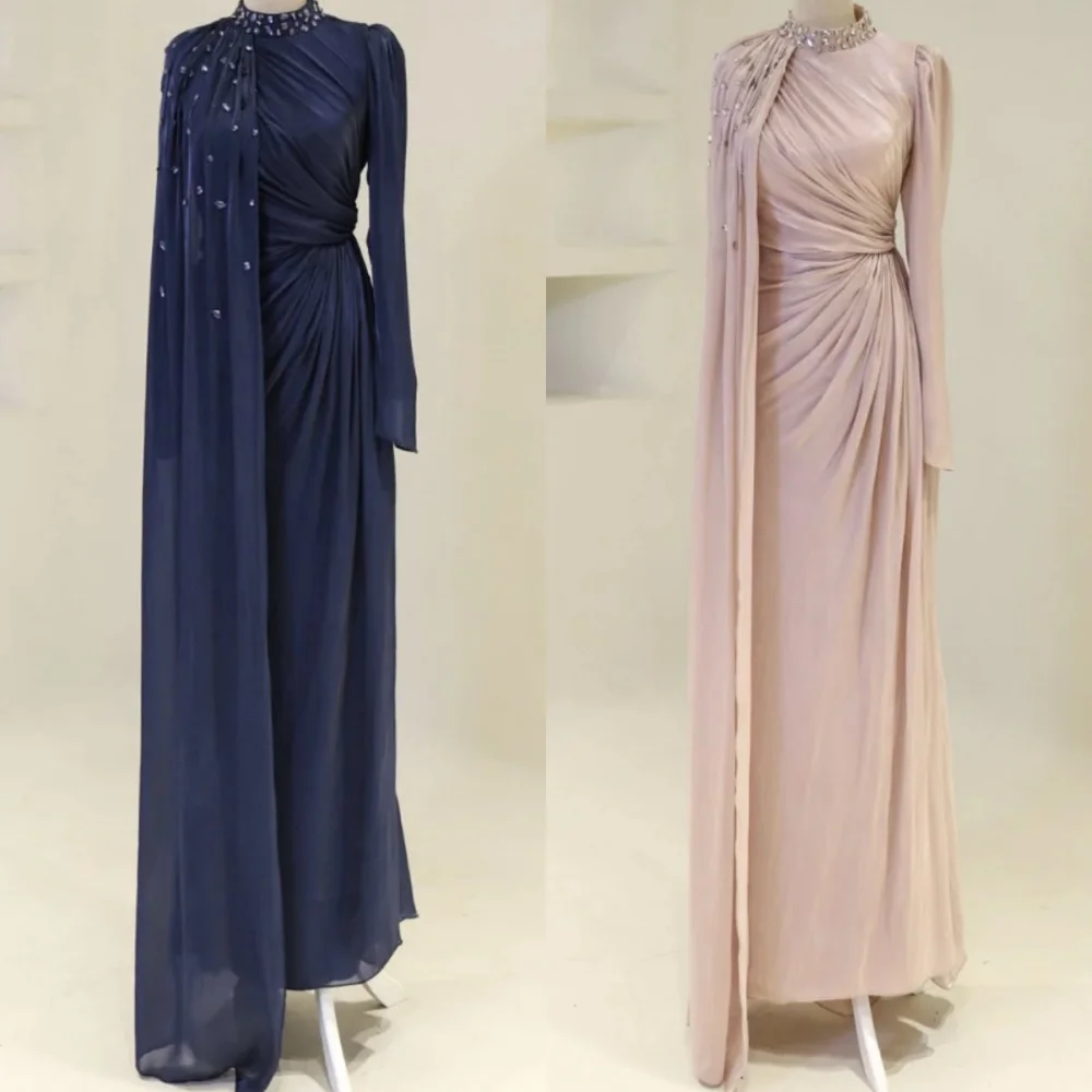 

Customized High Quality Classic Chiffon Rhinestone Pleat Straight High Collar Long Dresses Bespoke Occasion Dresses Matching