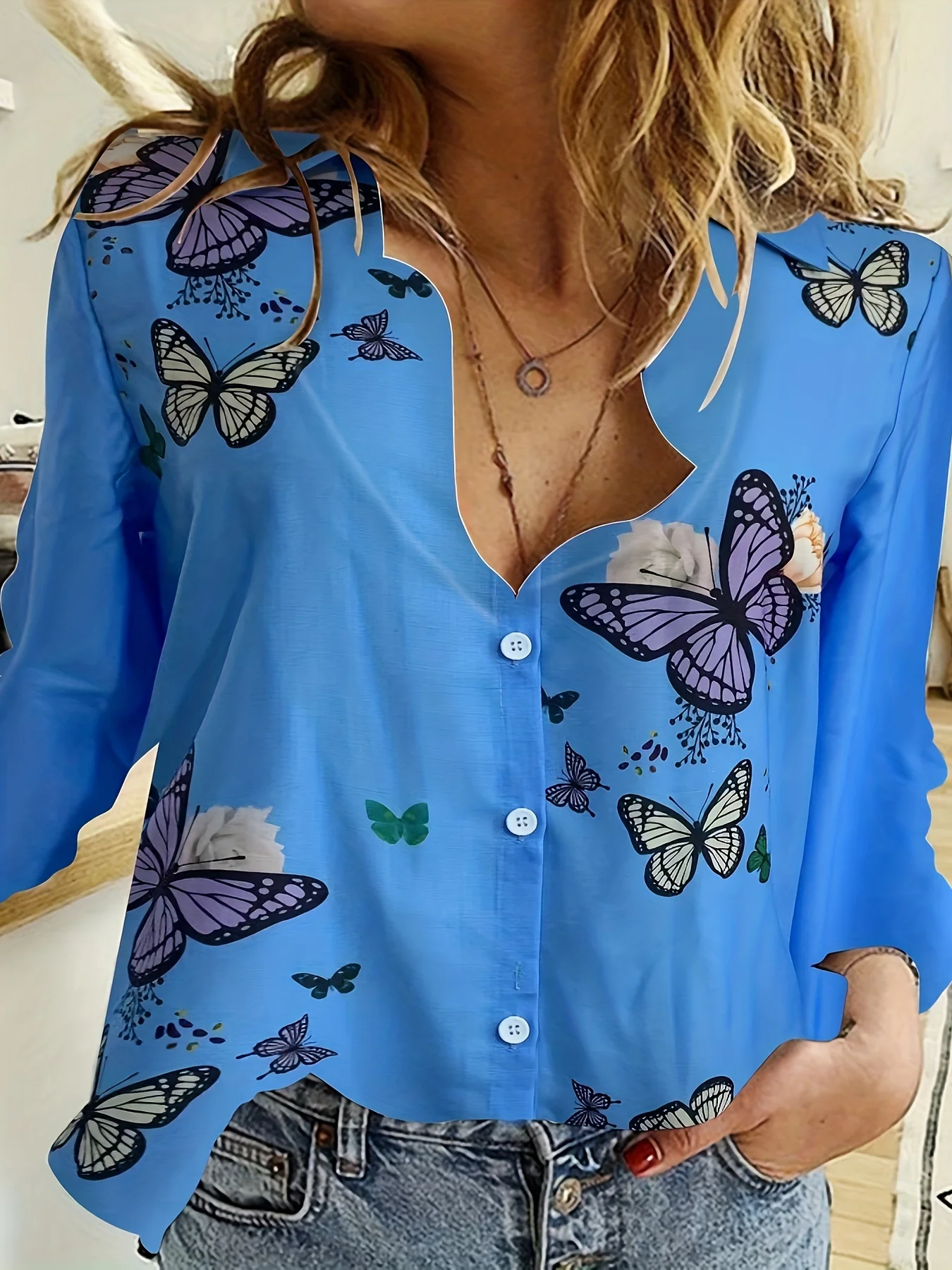 Butterfly Print Shirt, Casual Button Front Long Sleeve Collar Shirt, Womenswear