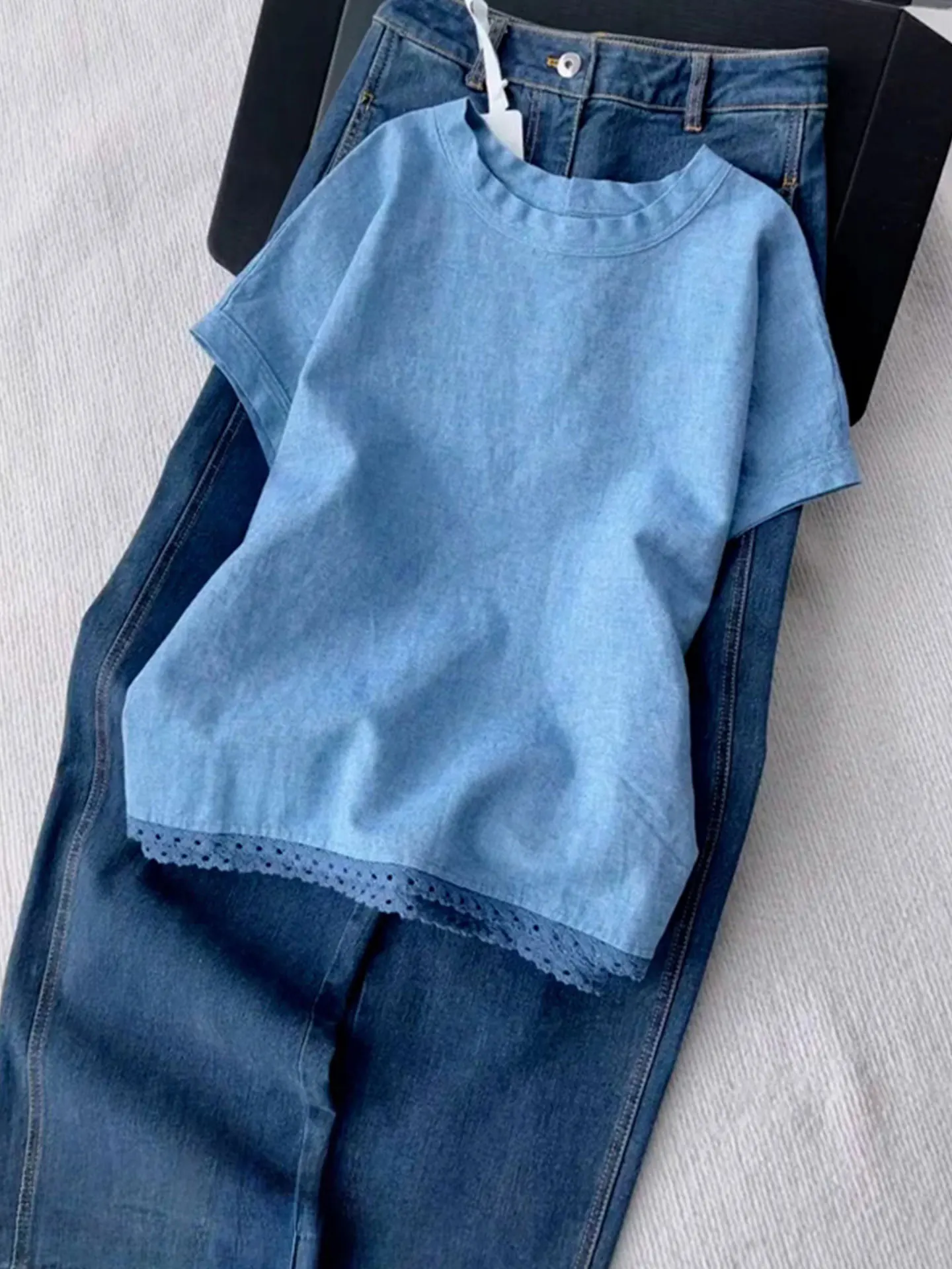 

Ele Patchwork Design ort Sve T-irt Pure Cotton oulder Length Summer Top Korean Sle Commute Straight Tube irt