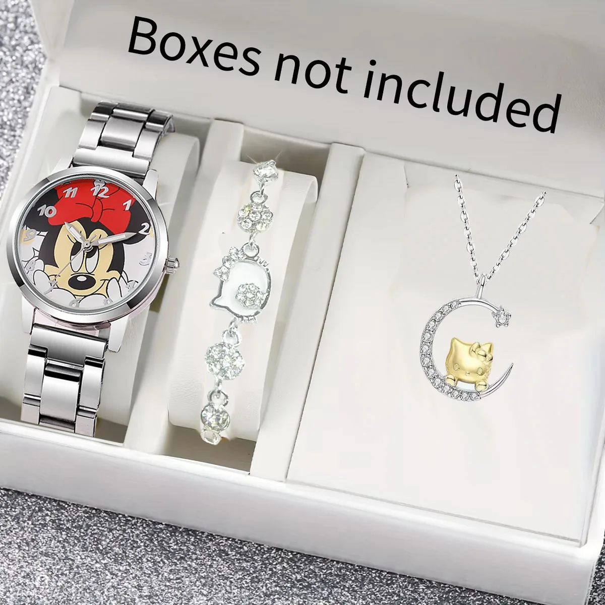 Jam Tangan Wanita Disney Mickey 3 Buah/Set Jam Tangan Kuarsa Tali Baja Bercahaya Penunjuk Mickey Mouse Kartun Kalung Gelang Hello Kitty
