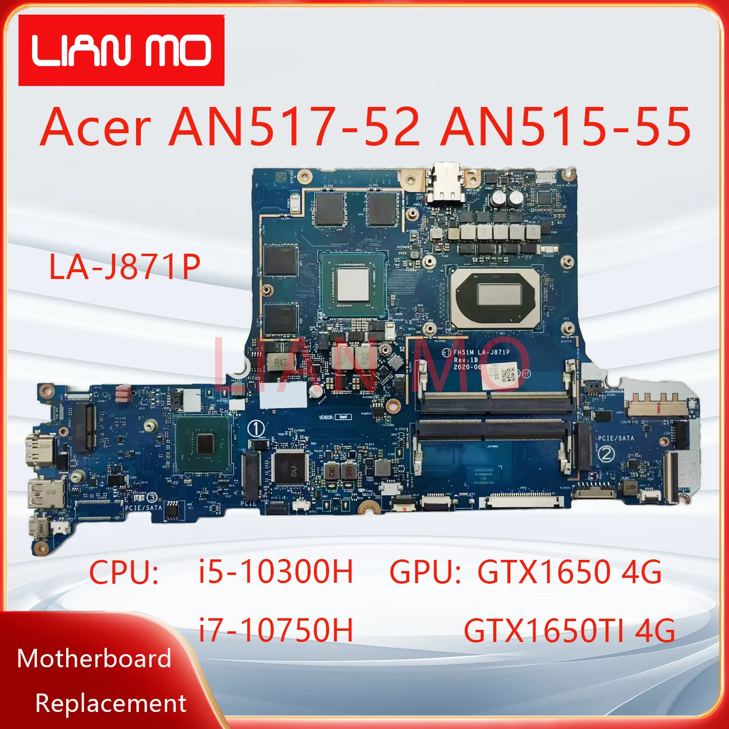 LA-J871P For Acer AN517-52 AN515-55 Laptop Motherboard with CPU:i5-10300H i7-10750H GTX1650 GTX1650TI 4G Notebook Mainboard DIS