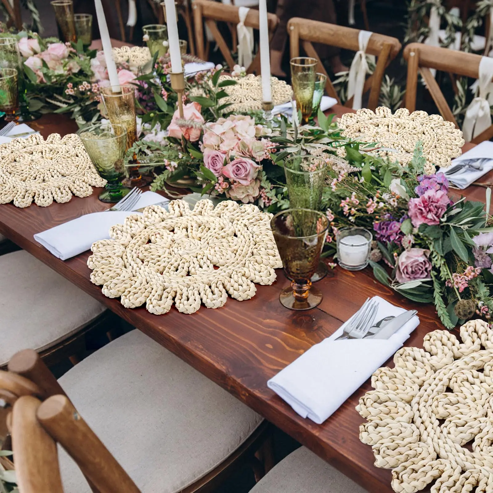 Imagem -02 - Casamento Boho Tapetes de Mesa Tecido Placemats Palha Trançado Placemat Decoração da Fazenda para Festa de Chá de Bebê 13.5 Polegada 96 48 24 16 Peças