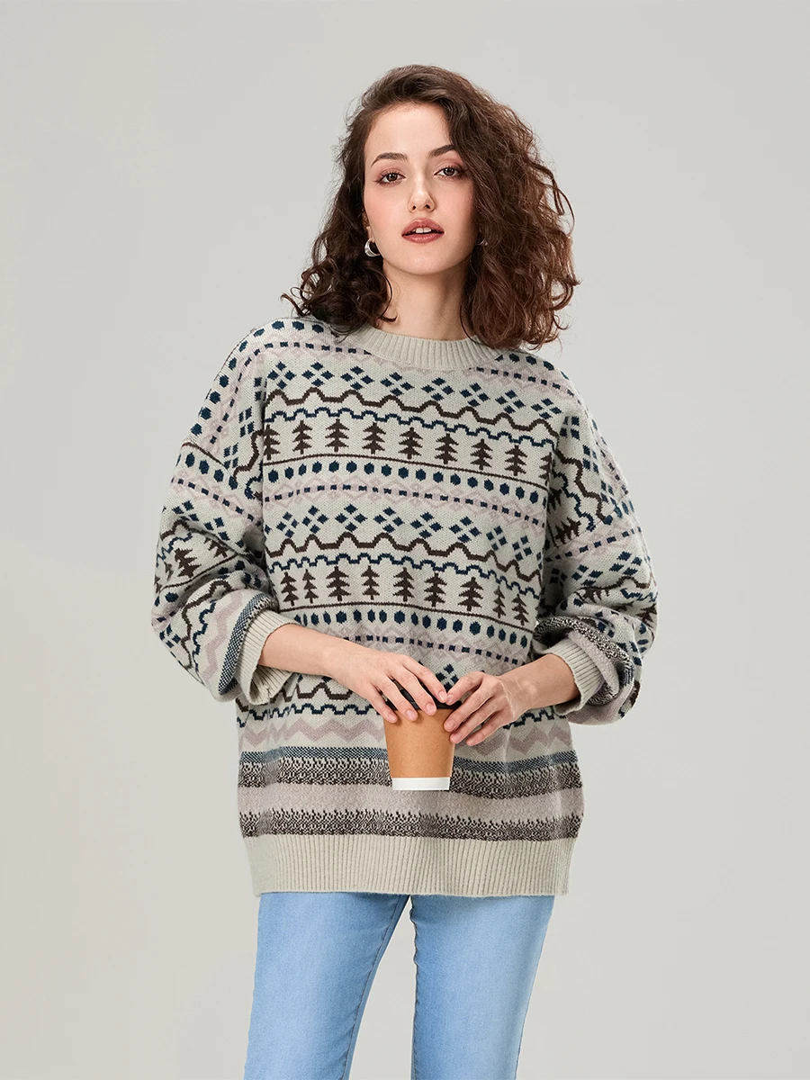 wsevypo Women's Christmas Sweaters Fall Winter Geometric Pattern Long Sleeve Round Neck Loose Knitted Pullovers Warm Jumpers