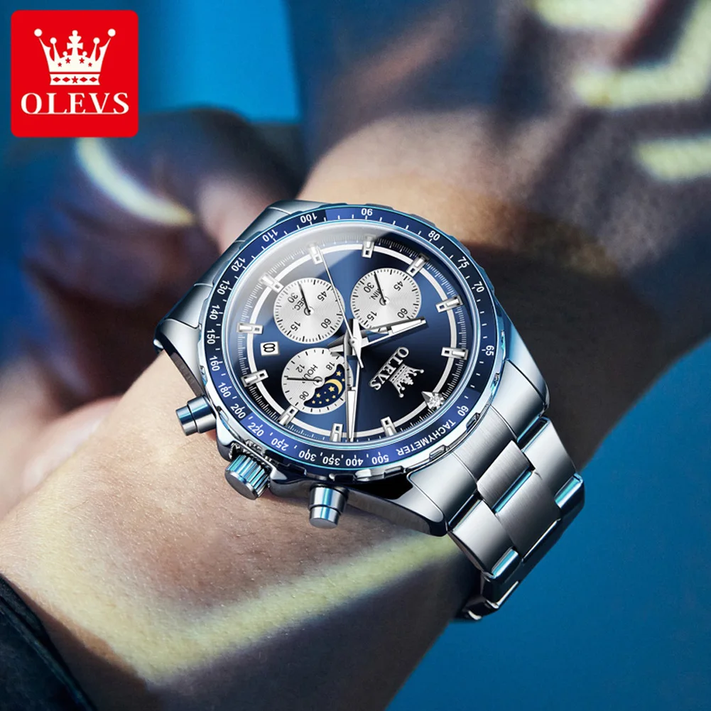 

Мужские часы OLEVS, оригинальные спортивные кварцевые часы, многофункциональный хронограф, часы с фазами луны для мужчин, подарочная коробка 2945