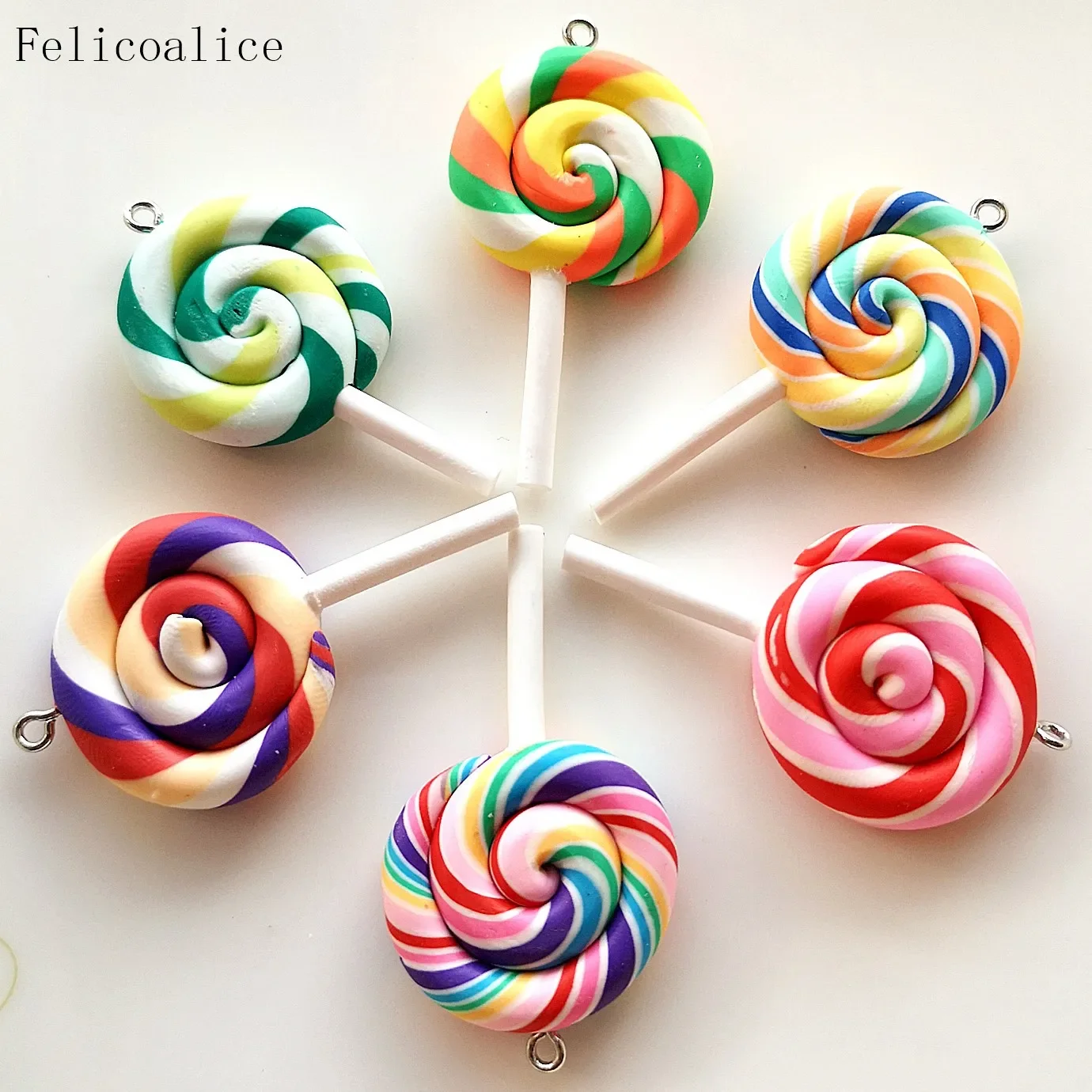 8pcs Cute Spiral Rainbow Polymer Clay Cabochons Beauty Kawaii Lollipop Candy Charms Flatback Pendant For DIY Phone Decoration