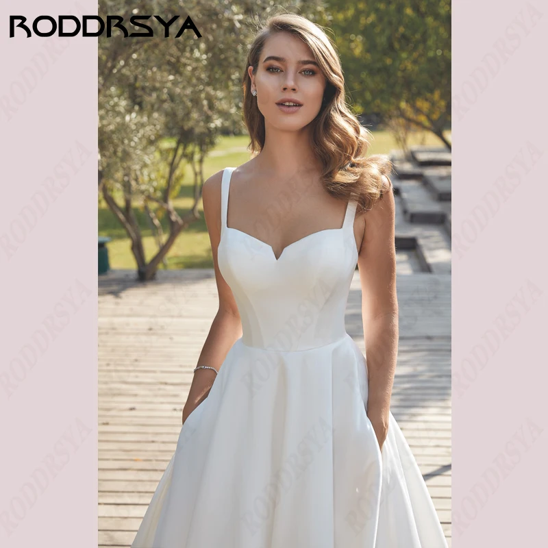 RODDRSYA gaun pernikahan kerah persegi V-Neck Civil gaun pengantin Satin gaun A-line Backless kancing pesta pengantin tali Spaghetti