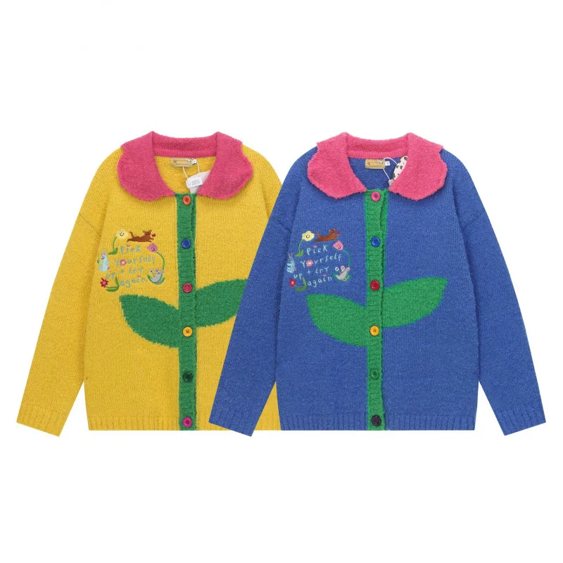 

HELLOMARCEL Top Quality EU US Size Streetwear Fun Floral Jacquard Embroidery Color-Block Cardigan Sweater for Women Men