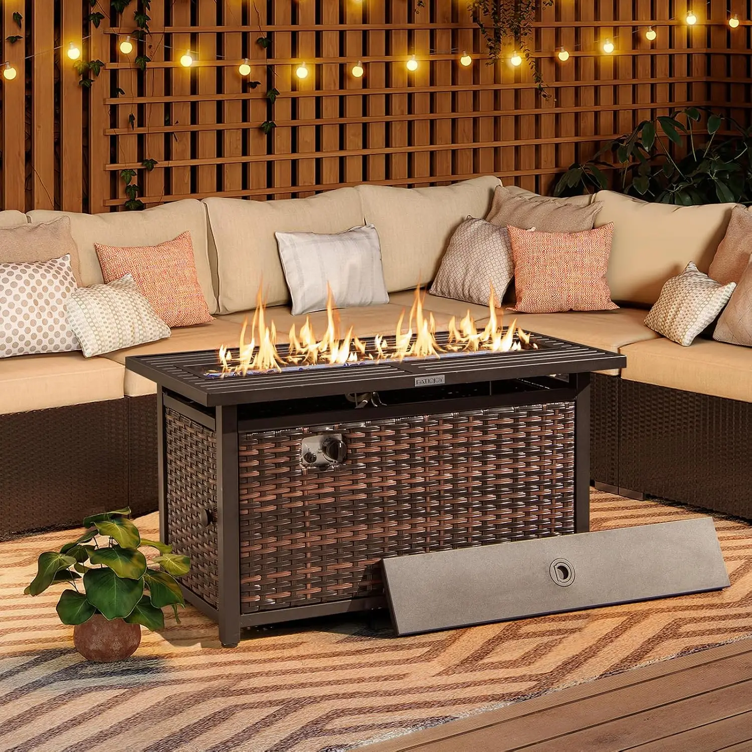 45'' Propane Fire Pit Table 50000 BTU Rattan Metal Top Glass Stones Lid Rectangular Gas Patio Backyard, Customized