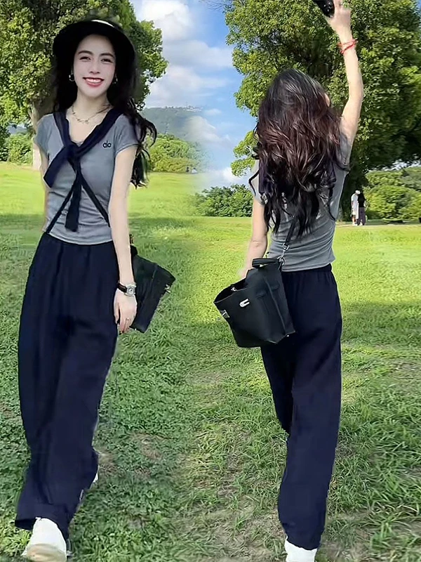 

Ladies Spor Slim Fit ort Sve Top And Wide Leg Pants Two Piece Set Summer New Sle Casual Comfortable Faionable
