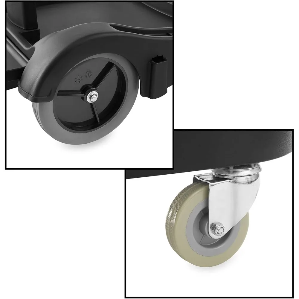 عربة التنظيف التجارية على عجلات - علبة التدبير المنزلي باللون الأسود مع غطاء وأرفف وحقيبة من الفينيل