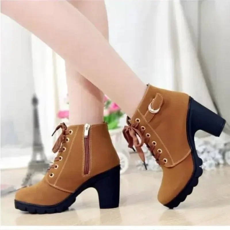 

Winter New Women's Ankle Boots Quality Lace-up European Ladies Shoes Women High Heel Boots Waterproof Warm Shoes Botas De Mujer