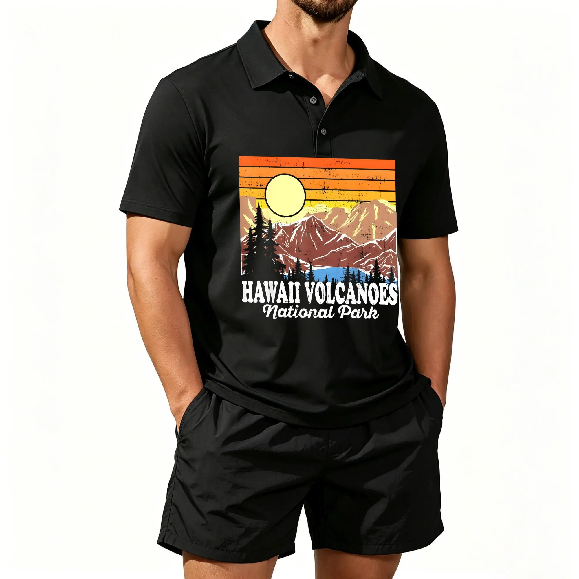 Men's Short-Sleeved Polo Shirt Set with Hawaiian Volcanic Terrain Retro Print, Suitable for Daily Wear and Outdoor Activities. The Fabric Is Breathable and Skin-Friendly and Can Be Machine Washed.