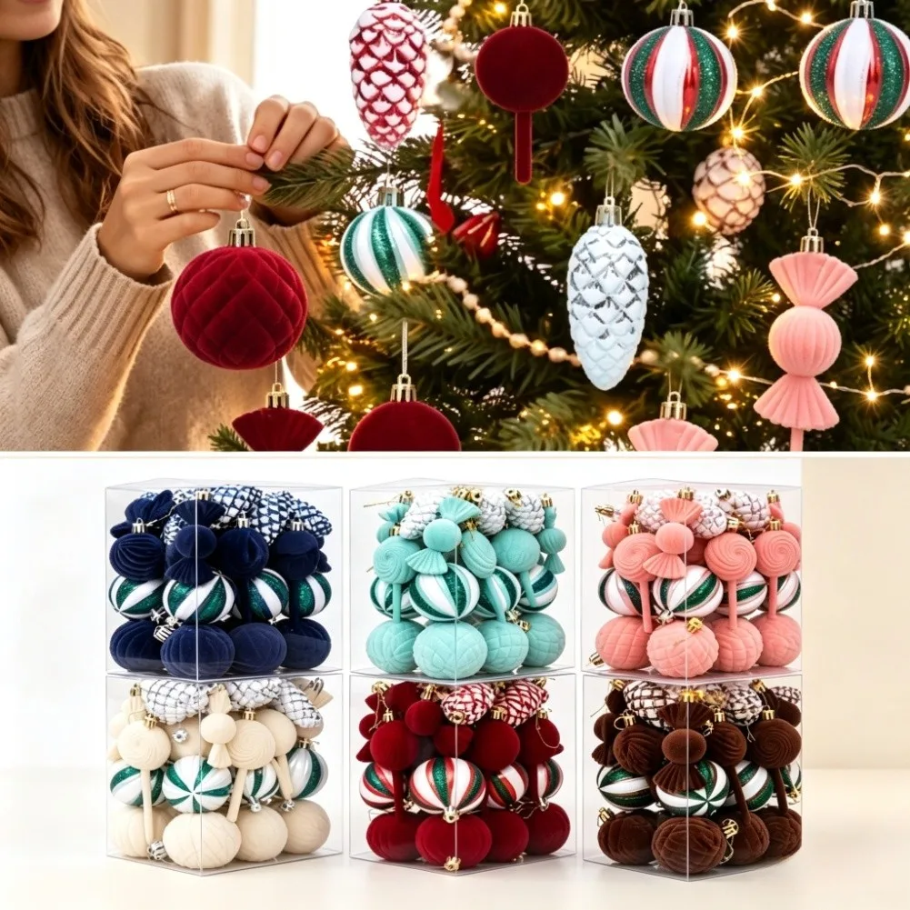 30Pcs Flocking Christmas Ball Ornaments Red Gold Bauble Set Shatterproof Hanging Decor For Xmas Tree Home Party Holiday Indoor
