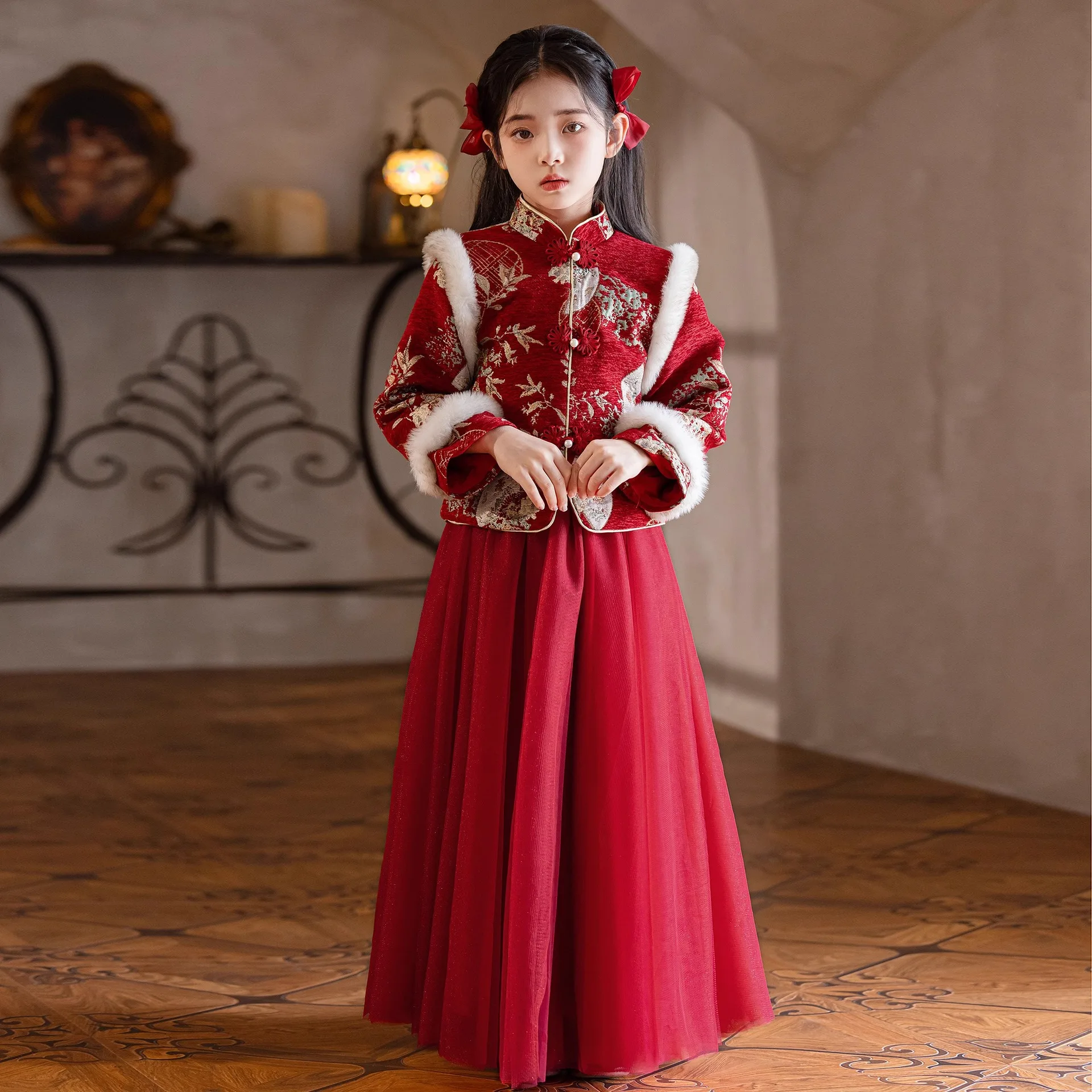 Hanfu الفتيات الشتاء سميكة 2025 ملابس السنة الجديدة للأطفال السنة الجديدة تانغ الملابس الدافئة نزهة الملابس الملابس الشتوية