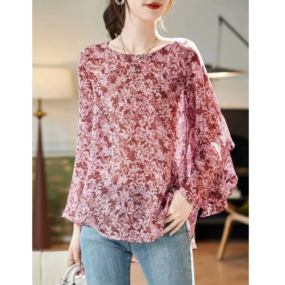

round Ne Printed Long Sve Chiffon irt Thin Sun Protection Casual Top for Small Stature Autumn 2024 Faion Trend