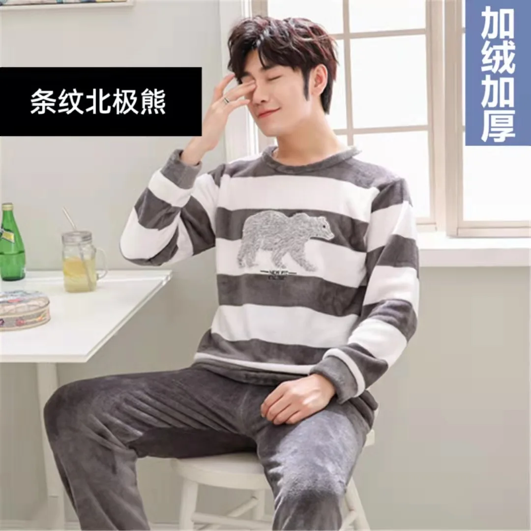 Thicken Warm Coral Fleece Pajamas Set Men Long Sleeved Cartoon Winter Leisure Pyjama Home Cloth Autumn Fashion Men Sleepwear Top