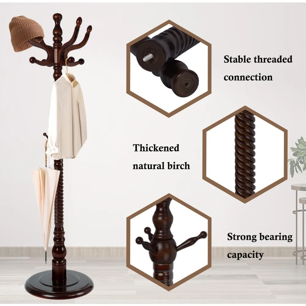 شجرة معطف من الخشب الصلب مع 11 خطافًا، رف متين قائم بذاته مع قاعدة مستديرة ثابتة، لمسة نهائية من خشب البتولا الطبيعي