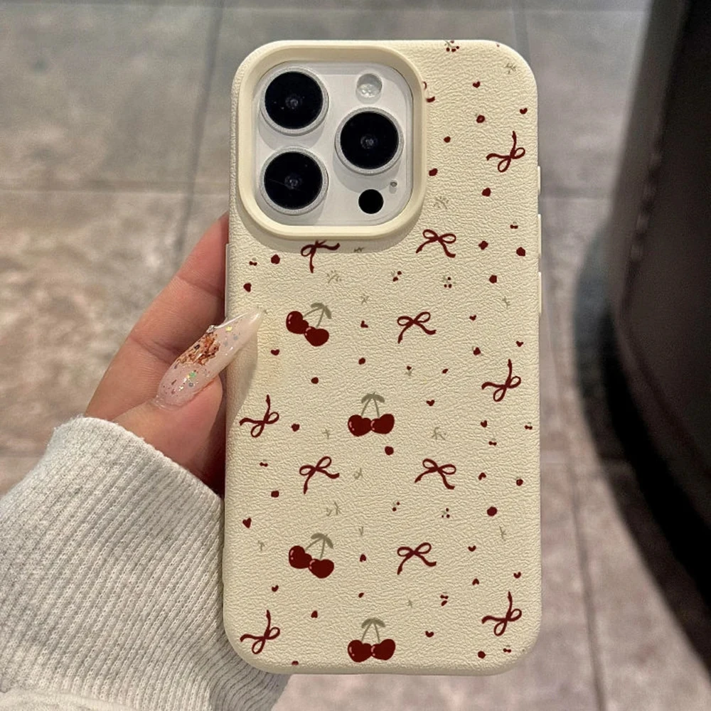 Case For iPhone 16 15 14 13 12 11 Pro Max Cherry Bow Lichee Pattern Silicone Phone Cover For iPhone XS Max XR 16 Plus Soft Funda