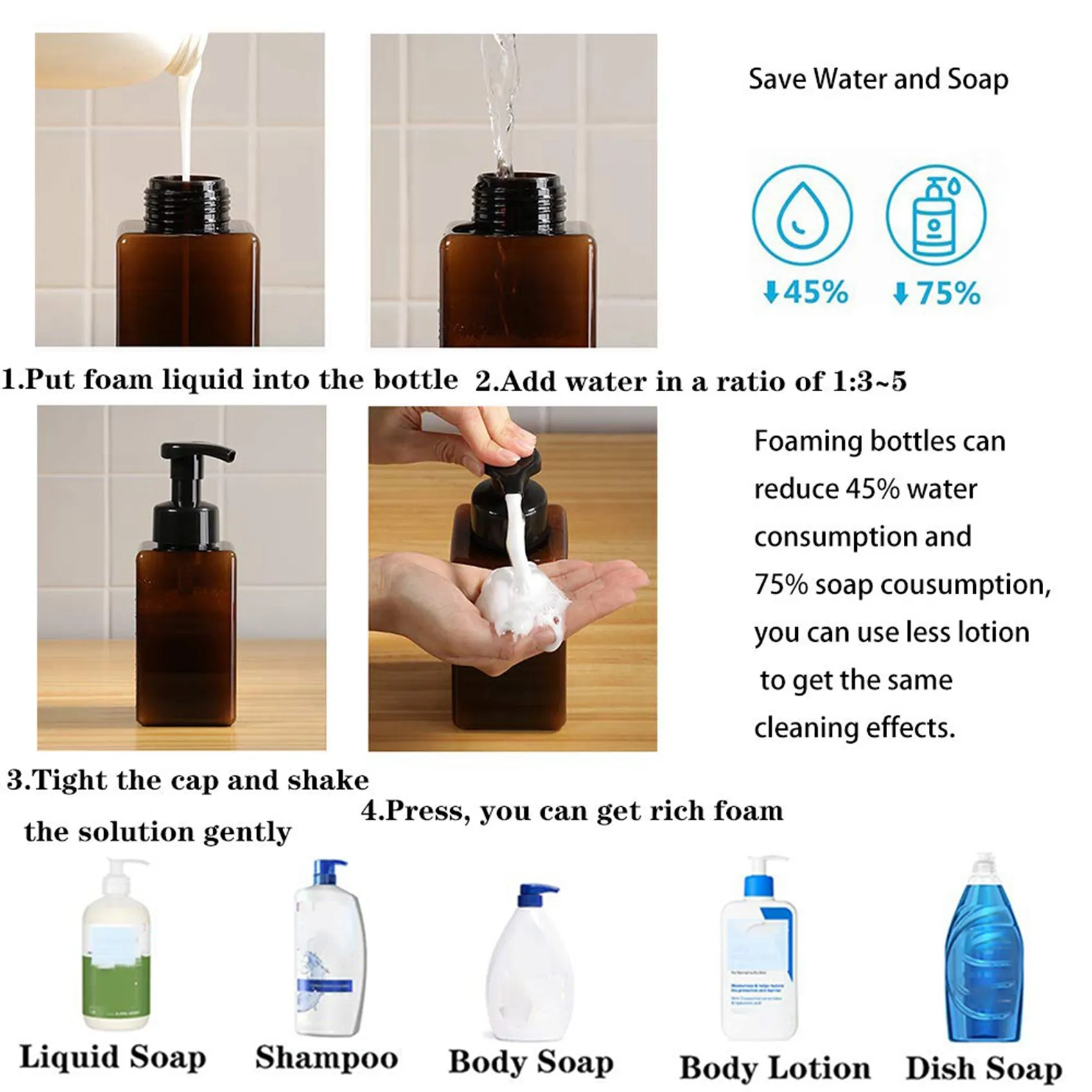

ABWZ-4 Pack Foaming Soap Dispenser 15Oz Refillable Foam Liquid Hand Soap Empty Plastic Pump Bottle Container - Brown 450Ml