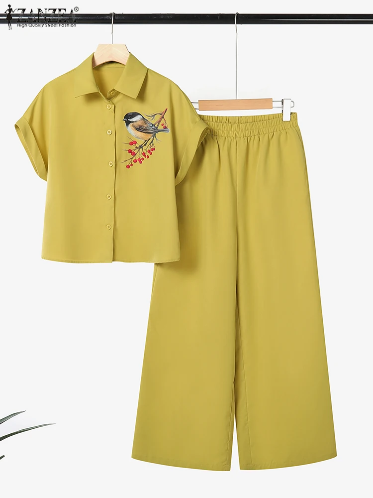 

2025 ZANZEA Женский брючный костюм Летние комплекты из 2 предметов Повседневная рубашка с коротким рукавом Широкие брюки Комплекты из 2 предметов Элегантный рабочий спортивный костюм OL