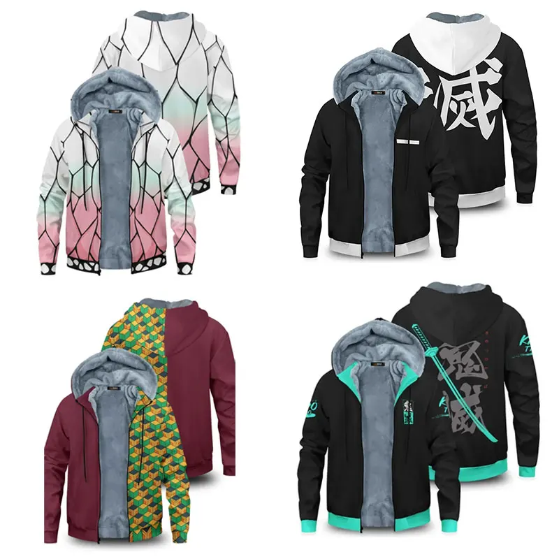Новый Demon Slayer аниме бархатная толстая теплая зимняя толстовка большого размера пальто толстовка на молнии зимний топ пальто больших размеров плюшевые куртки