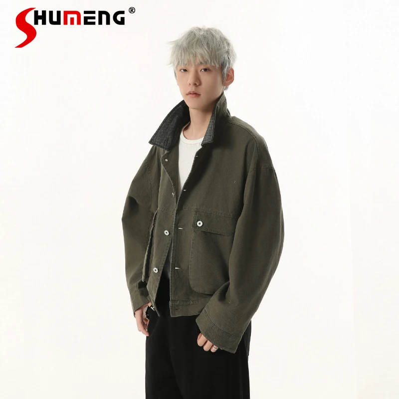

Men's 2026 Spring New Fashion Jackets Splicing Leather Collar Contrast Color Handsome Coats Large Pocket Tooling Trendy Jackets