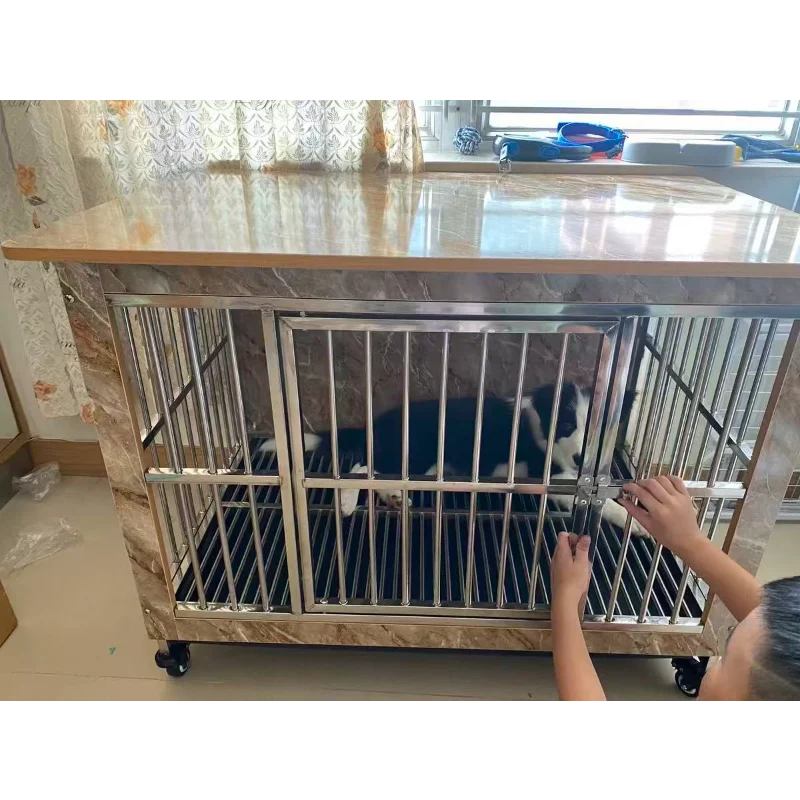Furniture Style Indoor Heavy   Large Dog Crate Wooden Pet Kennel with Stainless Steel Frame and Lockable Wheels