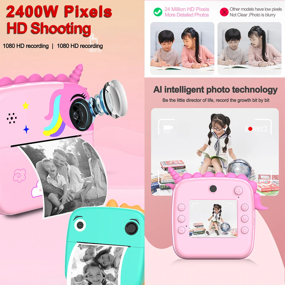 Kids Camera Instant Print Boys Girls Gift Children Digital Video Camera Photo Thremal Printing 32G TF Card Enducational Toys.