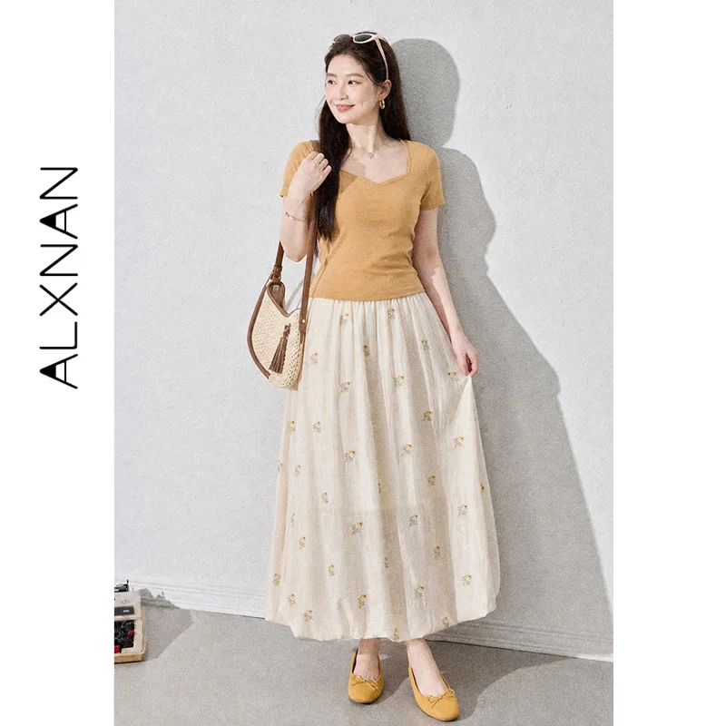 ALXNAN Plus Size Floral Embroidery Midi Skirt Women Summer High Waist Bud Skirt 2026 Elegant Fashion Long Skirts D66263A