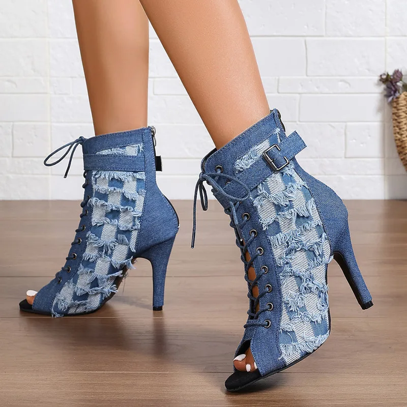 Denim Women Peep Toe Ankle Boots Elegant Breathable Shoes High Heel Women's Modern Short Booties Fashion Summer Cold Feminino view 4