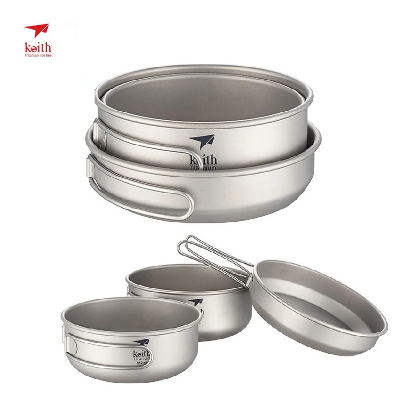 Keith 3pcs Titanium Frying-pan Pot Bowl Set Single Wall Food Noodle Rice Containers Portable Folding Handle Kitchen Cookware