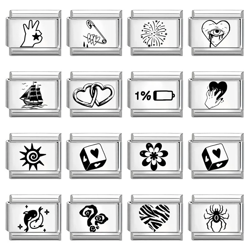 Laser Engraving Cute Cat Butterfly Heart Fish Italian Charm Links Fit 9mm Stainless Steel Bracelet Men Women DIY Making Gift