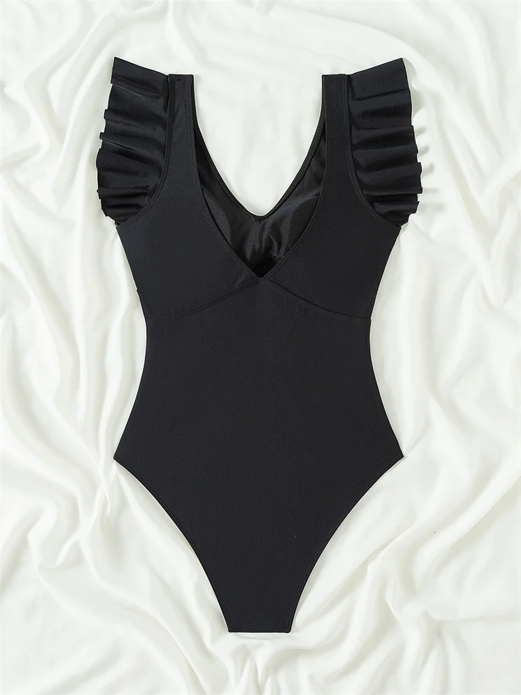 Maillot de bain une pièce amissié, col en V, à volants, sexy, monokini, pour femmes, vêtements de plage, nouvelle collection 2024