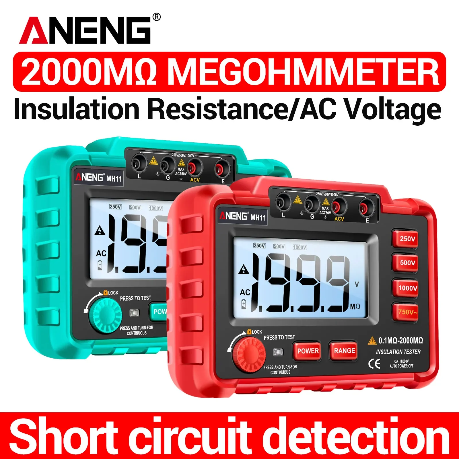 

ANENG MH11 Red Green Color 0.1MΩ-2000MΩ Insulation Resistance Tester Megometro Ohmer High Voltage Ohm Megohm Megohmmeter Meters