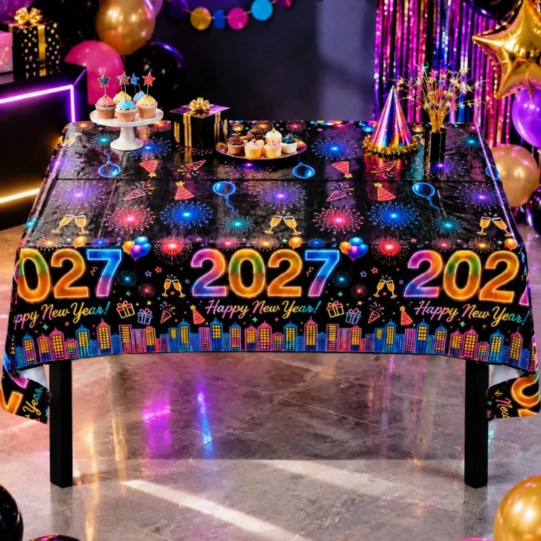 1pc Happy New Year Tablecloth Sparkling Disposable Plastic Table Cover New Year Party Supplies New Year Decoration for Home 2027