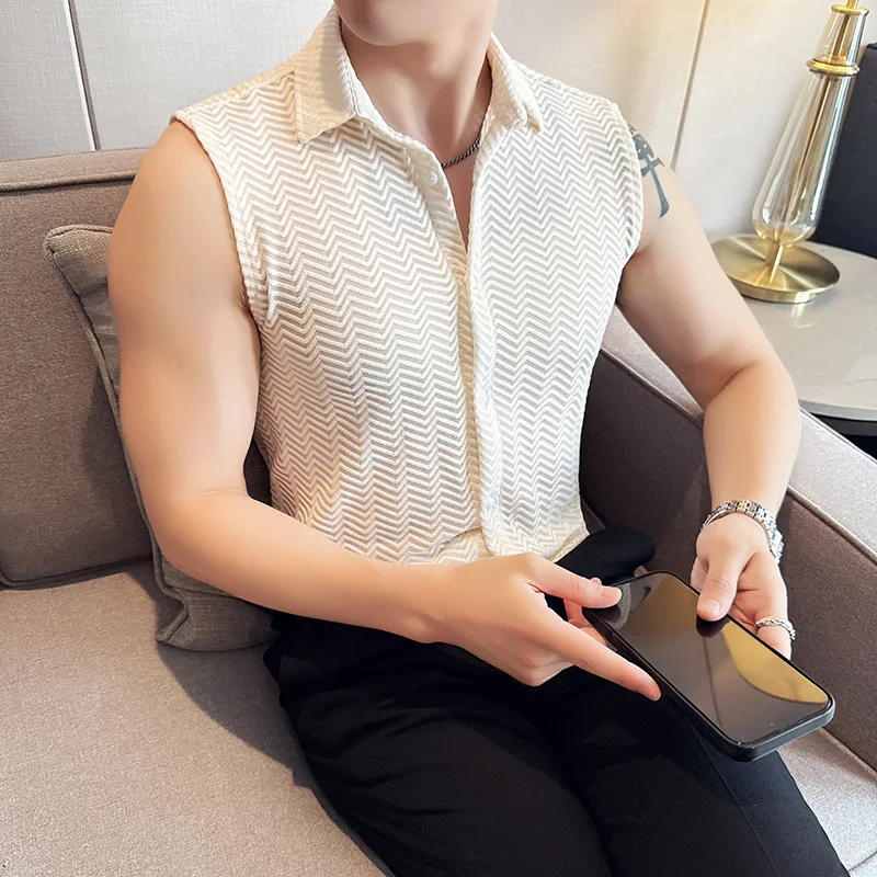 

Новая летняя мужская рубашка без рукавов, тонкая, с перфорацией, комфортная, дышащая, с отложным воротником, мужская рубашка с коротким рукавом