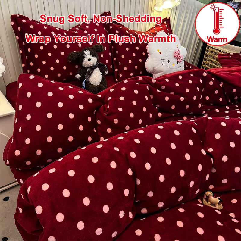 Red Polka Dot Flannel Duvet Cover,Ultra Soft Warm Plush Comforter Cover,Non-Shedding Vintage Quilt Cover for Cold Winter Bedroom