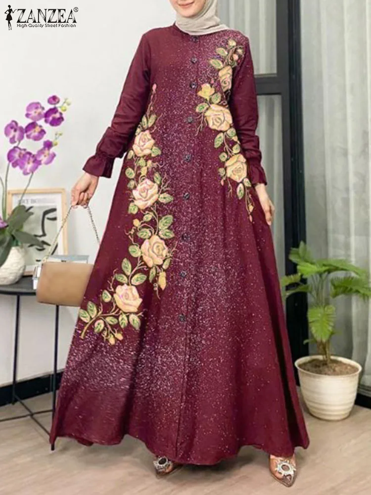 

Women Elegant Long Sleeve Muslim Dress ZANZEA Floral Printed Maxi Vestidos IsIamic Robe Turkey Abaya Kaftan Bohemain Sundress