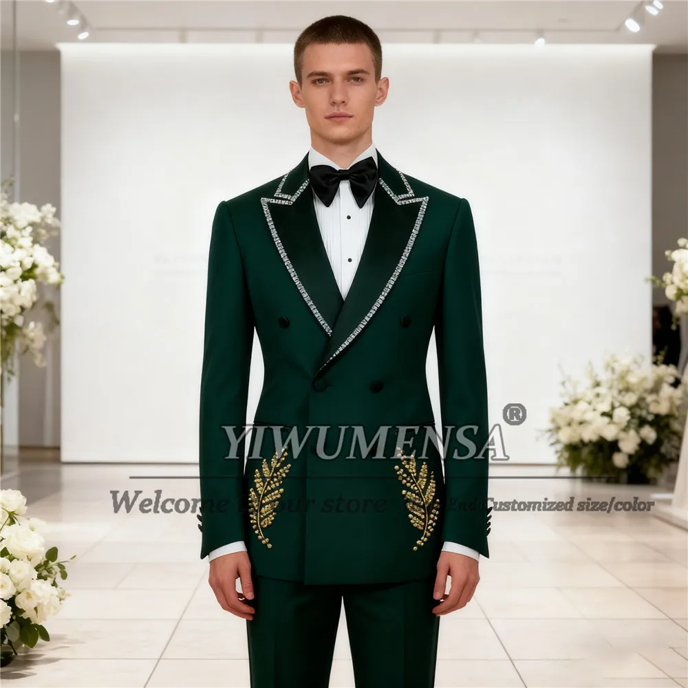 

Мужские двубортные свадебные костюмы с камнями из бисера, комплект из 2 предметов, узкая куртка, брюки, смокинг для банкета, жениха, наряд по индивидуальному заказу