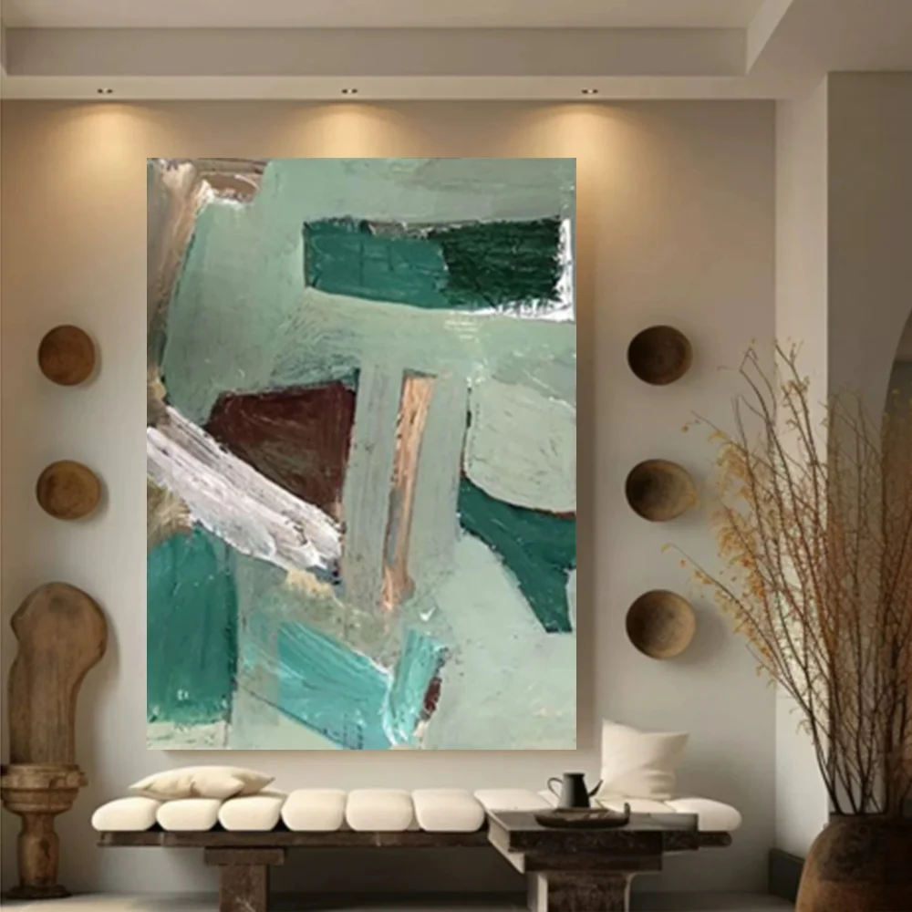 

100% hand drawn green square abstract oil painting original wall painting home living room decoration paint interior aesthetics