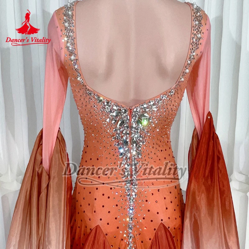 긴 소매 그라디언트 색상 폭스트롯 진주 실크 맞춤형 현대 드레스 성인 여성 볼룸 댄스 전문 대회 의상