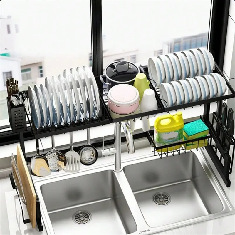 Over The Sink Dish Drying Rack Snap-On 2 Tier Large Dish Holder Stainless Steel with Pots and Pans Rack