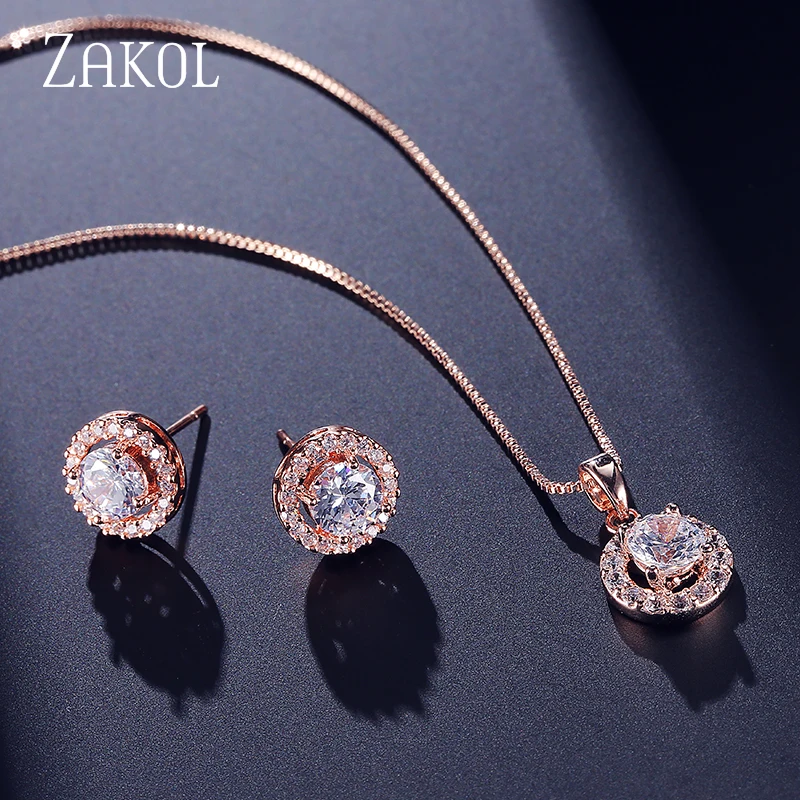 ZAKOL Nigerian Round Cubic Zirconia Wedding Jewelry Sets for Women Classic Micro Inlay Crystal Bridal Earrings Necklace Set