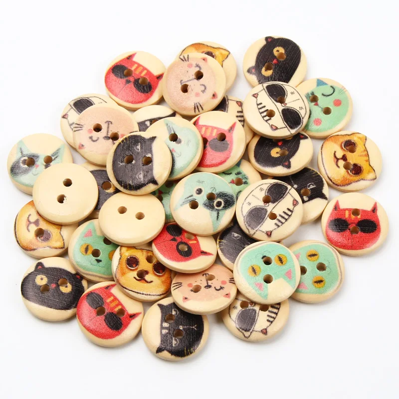 50 pz 15mm bel gatto modello 2 fori bottoni in legno per abbigliamento ricamo Scrapbook decorazione artigianato bottoni per cucire accessori