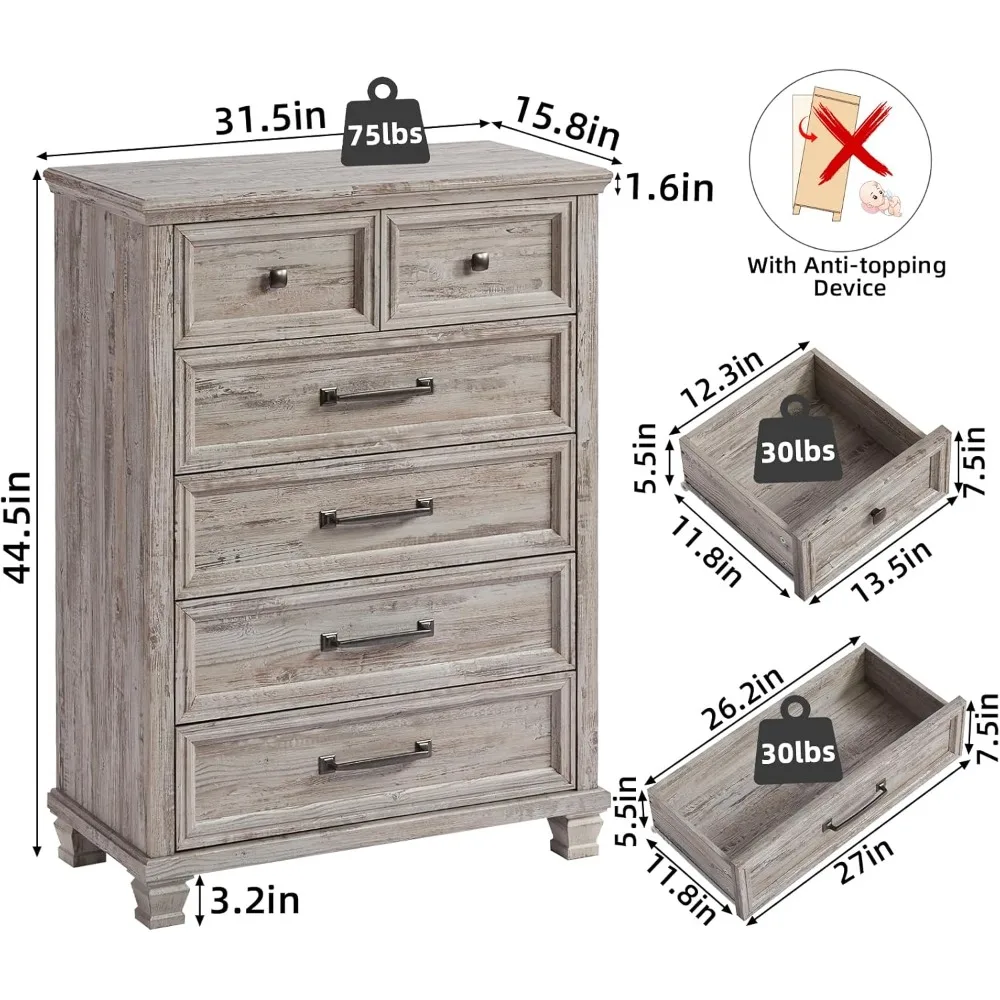 ヴィンテージ45 高さ6段引き出し付きファームハウススタイル木製ドレッサー（寝室用、角脚付き）