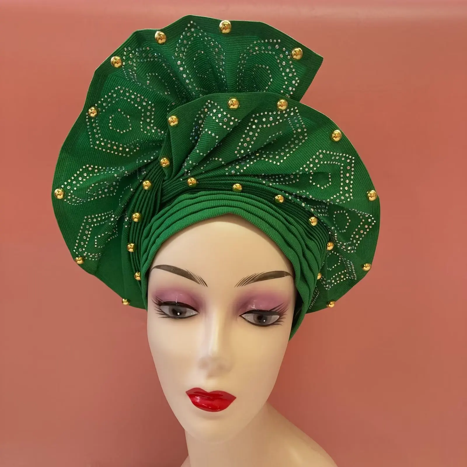 Blue Fashion Aso Oke Gele Headties With Beads And Stones High Quality Atiku Fabric Made Headtie Turban for Party Z1112-2